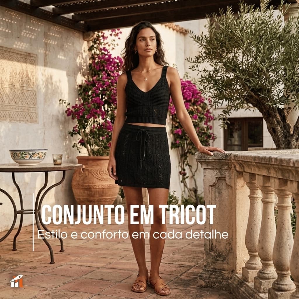 Conjunto Feminino em Tricot Cropped e Saia Cintura Alta Vazado Tamanho Único 38 ao 43