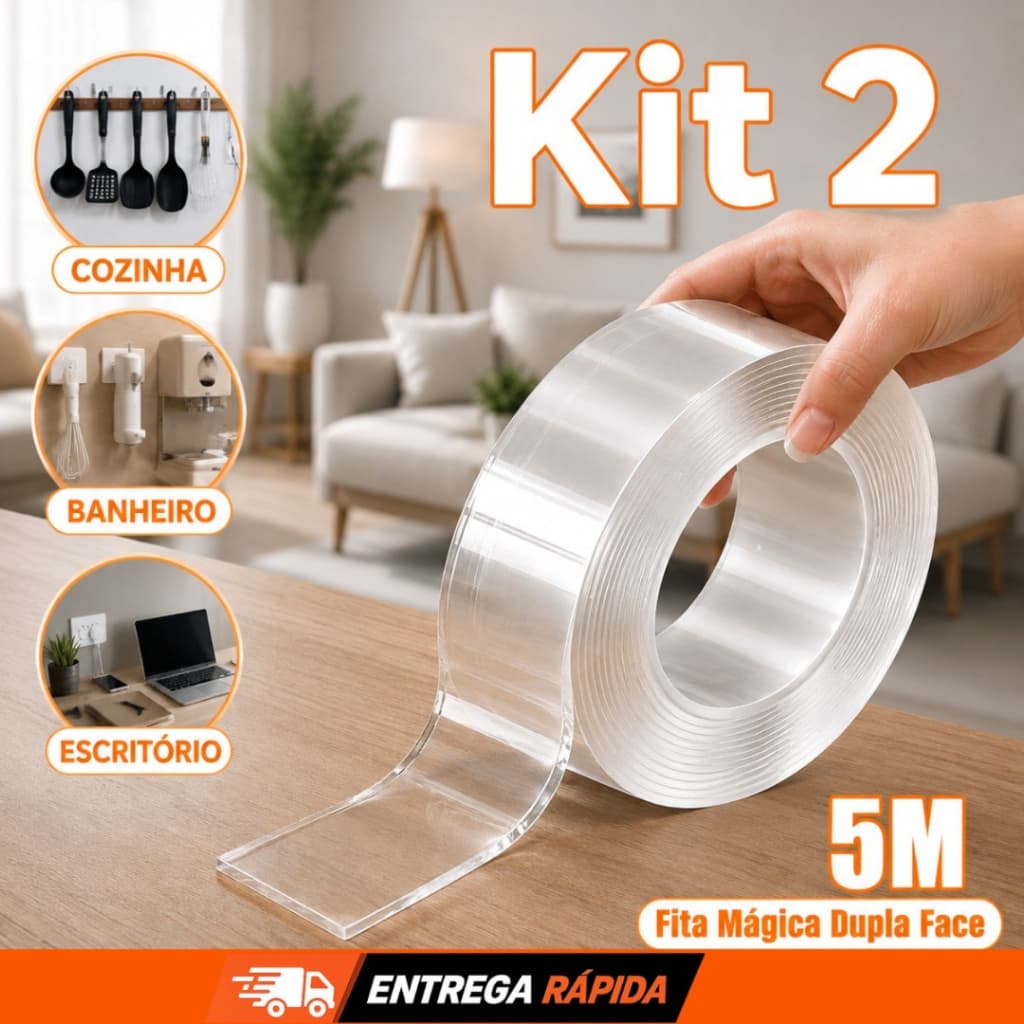 Fita Dupla Face 3/5 Metros Silicone Extra Forte Transparente Adesiva Cola Parede Móvel Porta Fita Reutilizável