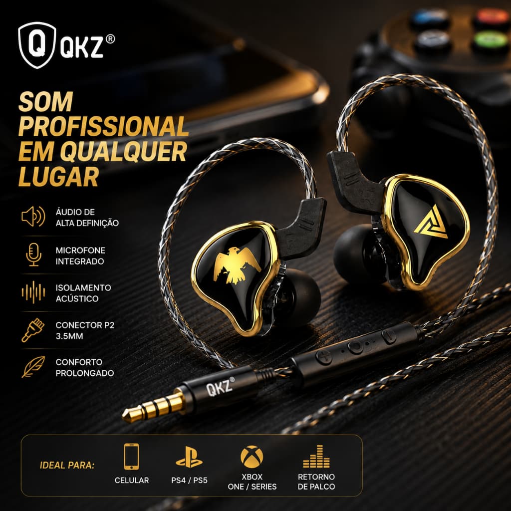 Fone Gamer Retorno De Palco In Ear QKZ Com Microfone Compatível Ps4 Ps5 Xbox One S Series S/x Celular Pc Gamer