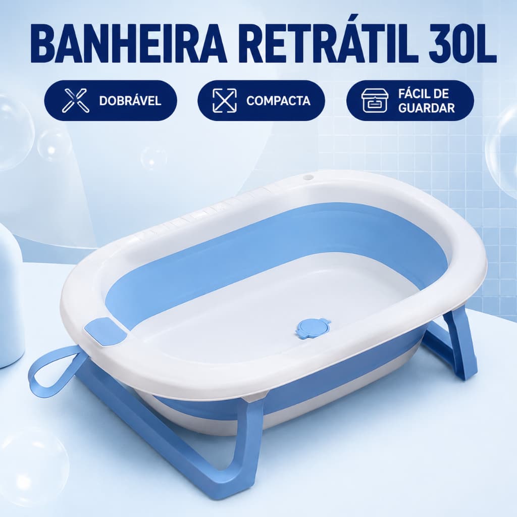Banheira para Bebê Retrátil Dobrável 30 Litros Azul 74x45x16 cm Infantil Compacta para Banho de Recém-Nascido e Viagem
