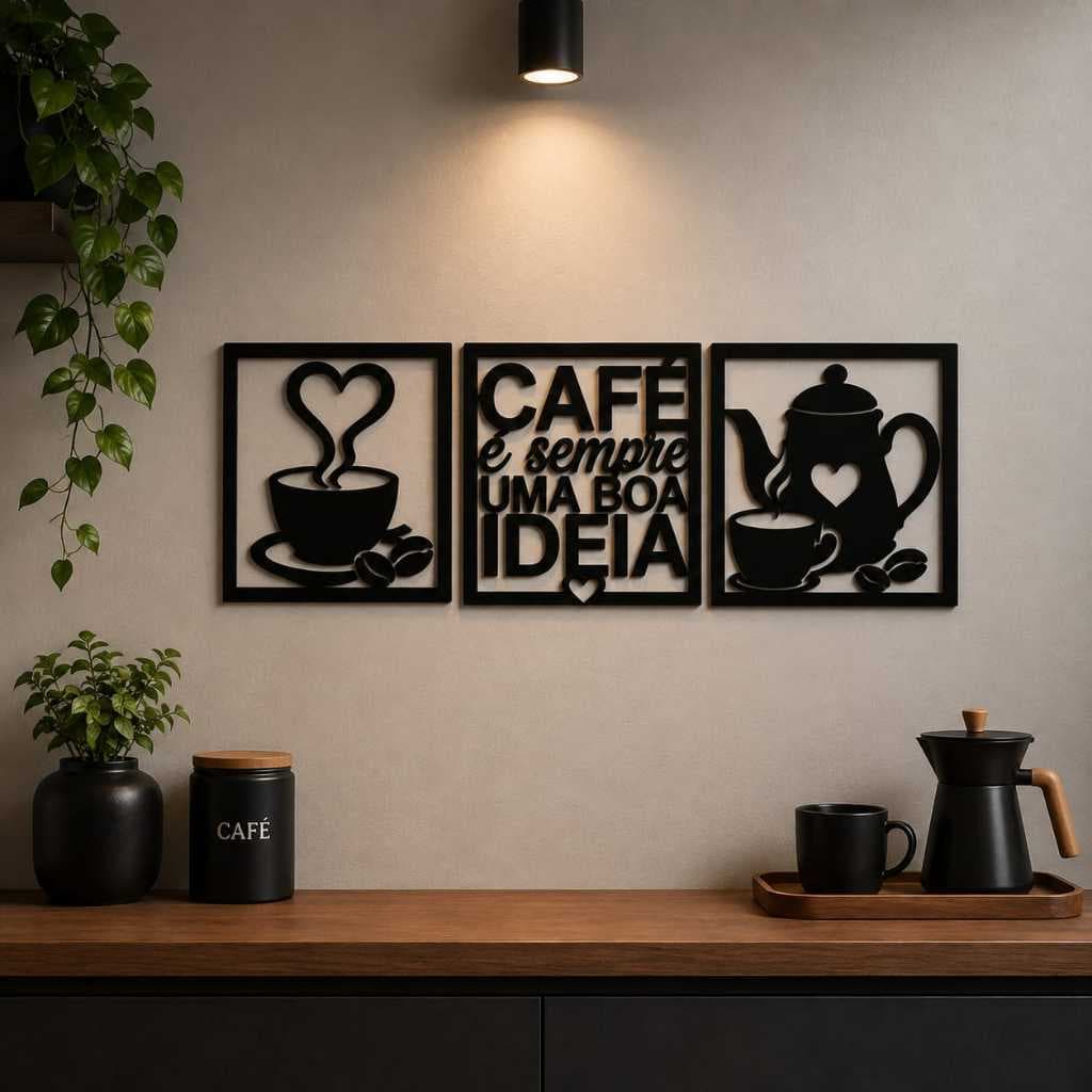 Trio Quadro Decorativo Cantinho do Café Decoração Kit 3 Quadrinhos Cozinha Café é Sempre Uma Boa Ideia Xícara Bule