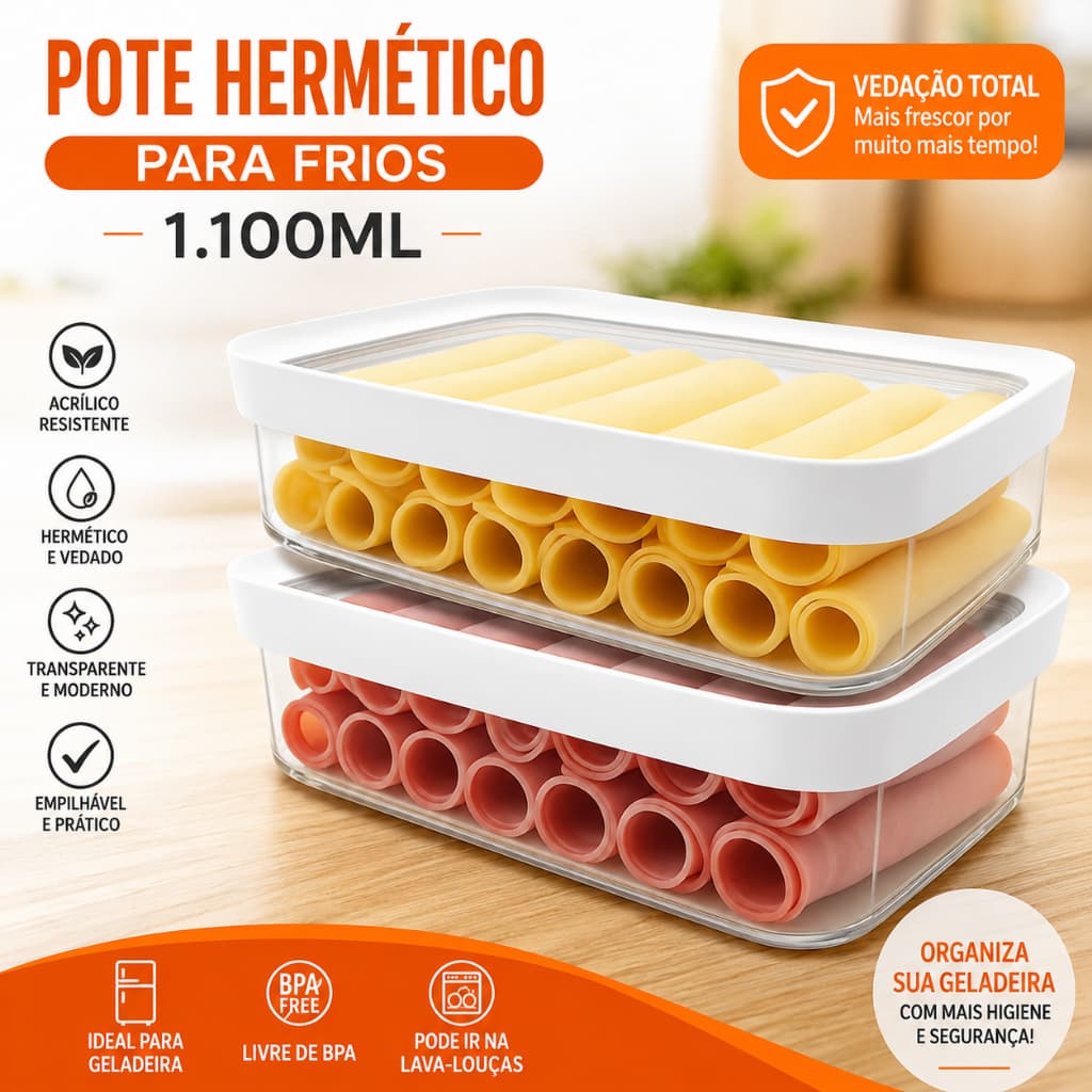 KIT 2 POTE HERMETICO ACRILICO PORTA FRIOS 1100ML EMPILHAVEL COZINHA GELADEIRA ORGANIZADA ALIMENTOS MAIS FRESCO