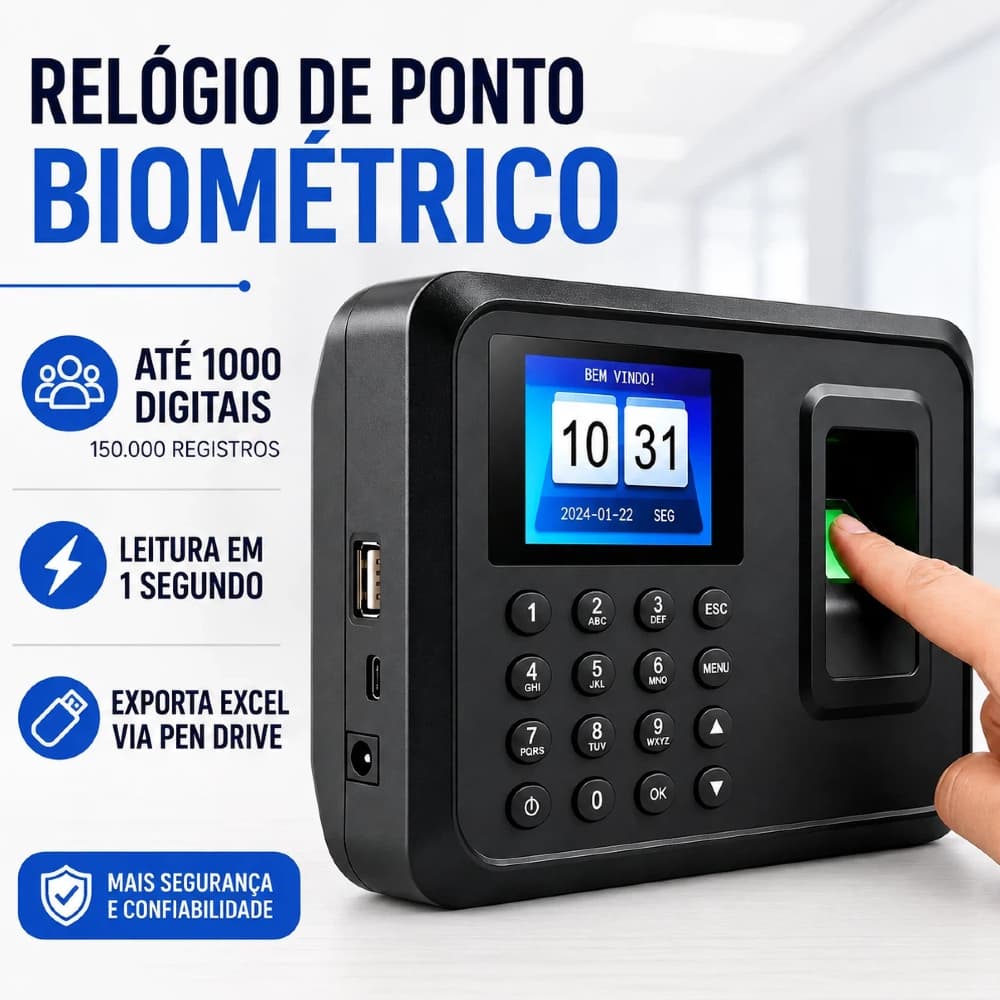 Relógio de Ponto Biométrico Impressão Digital | Sem Software, Exporta Excel, Até 1000 Digitais para Pequenas Empresas