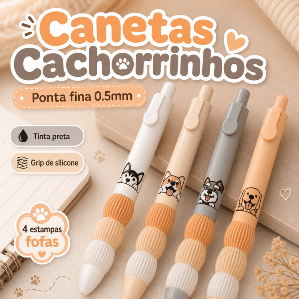 Kit 4 Canetas Cachorrinhos 0.5mm Fofas Coloridas Escrita Fina Papelaria Kawaii Ponta Fina Preta Grip Confortável