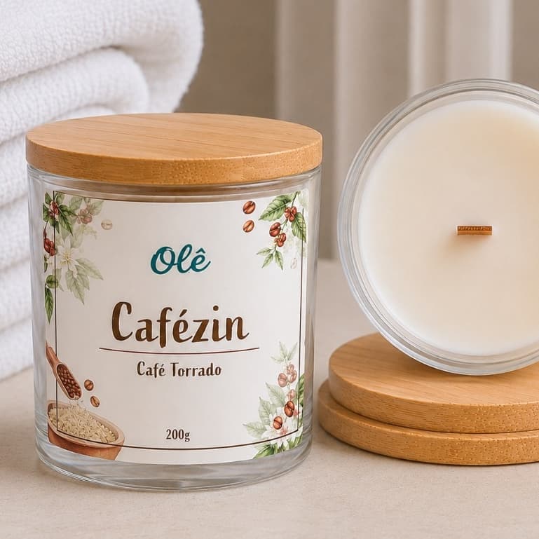 Vela 200gr Aromática CAFÉ TORRADO Perfumada Artesanal - Pote Vidro C/ Tampa de Madeira - Olê Velas