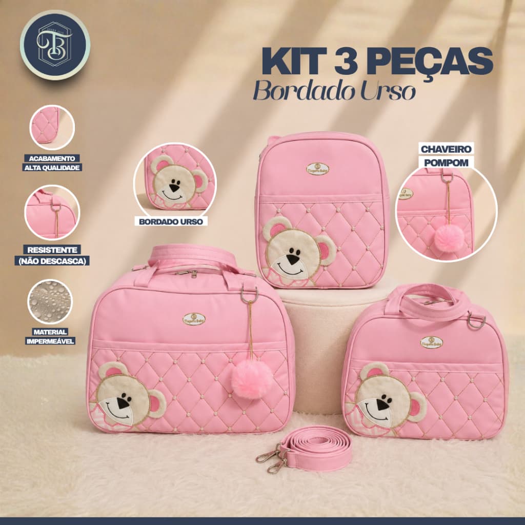 Kit Bolsa de Bebê Urso de Lado 3 Peças (Rosa)