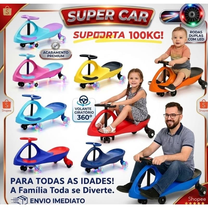 Carrinho Rolemã Infantil Super Car Gira 360° Led Apoio Antiderrapante Suporta 100kg Menino Menina