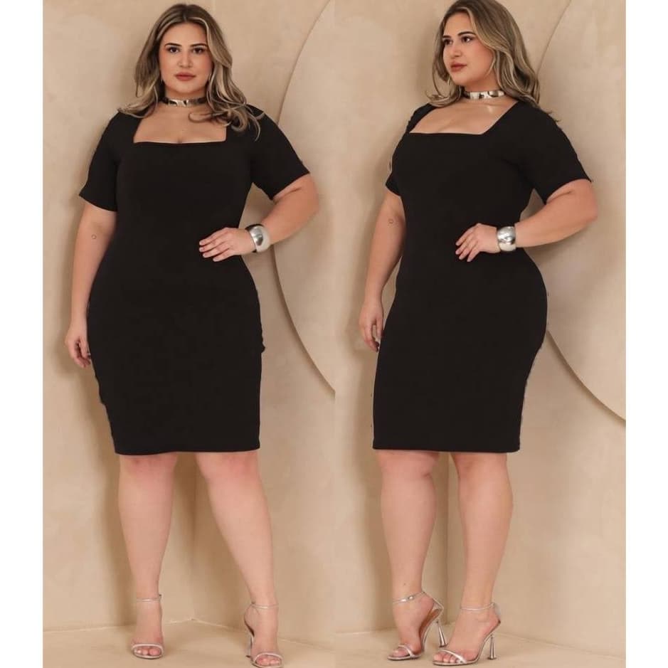 Vestido Feminino Plus Size Midi Gola Decote Quadrado Manga Curta Canelado Básico Modela o Corpo GG G1 G