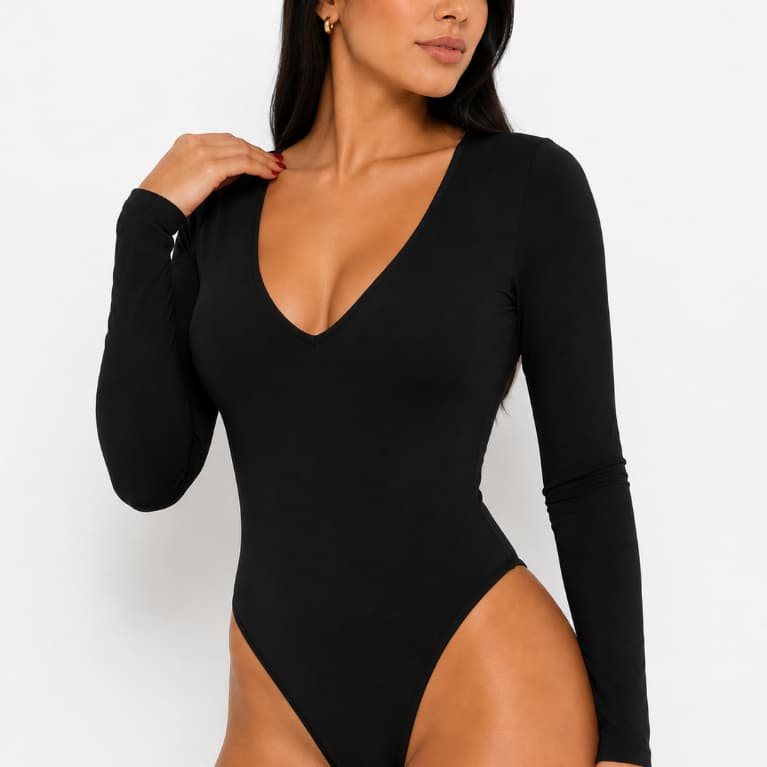 Body Casual Feminino Decote V Manga Longa Supléx