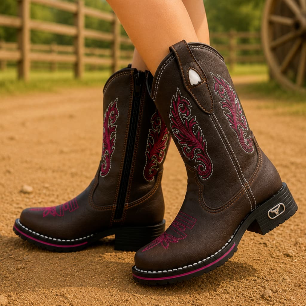 Bota Infantil Botina Texana Menina Criança Roça Country Ziper Bico Quadrado Bordado Rosa