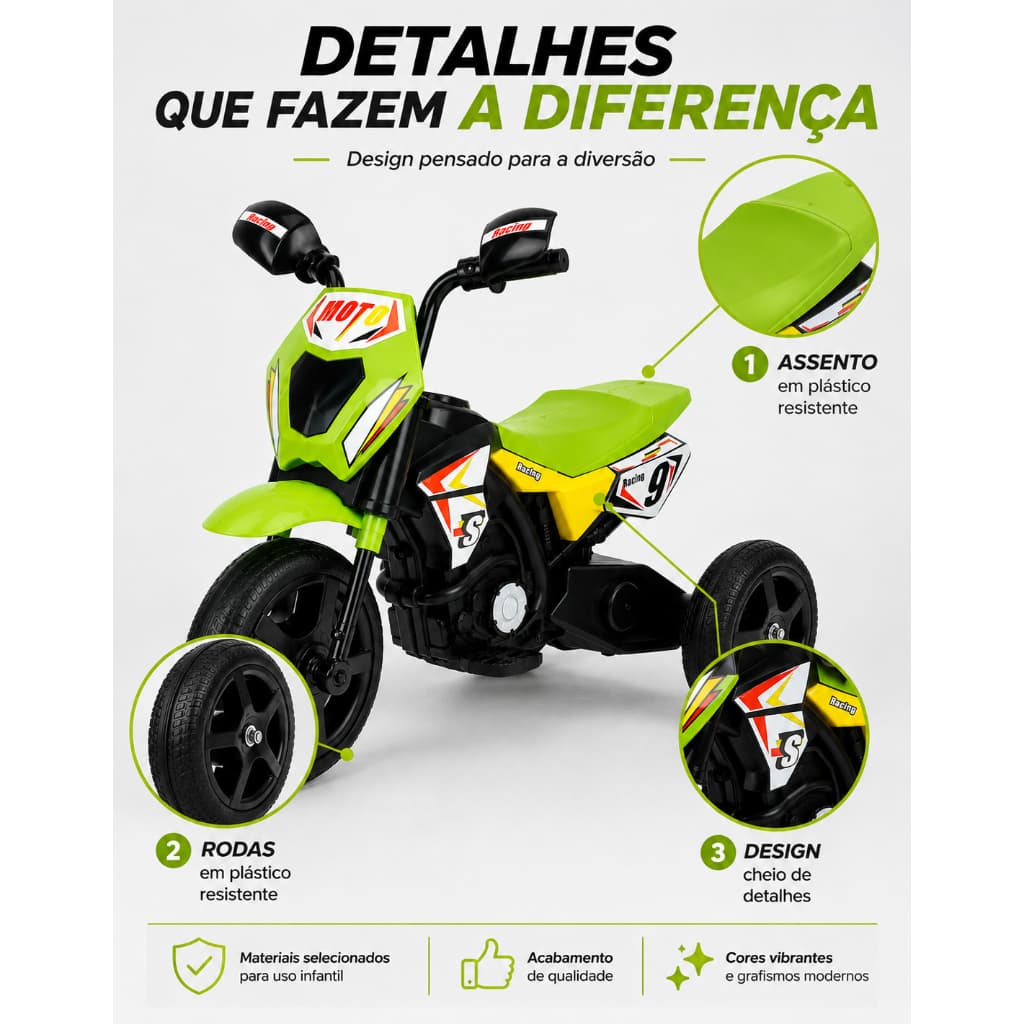Motinha Elétrica Infantil Farol Led Triciclo Bivolt Música