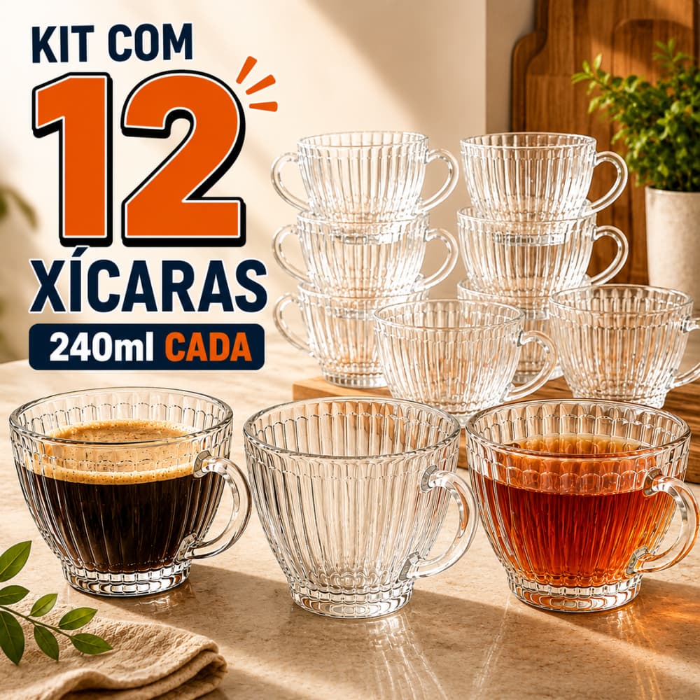 Kit 12 Xícaras de Vidro 240ml Caneladas Transparentes para Café Chá Capuccino