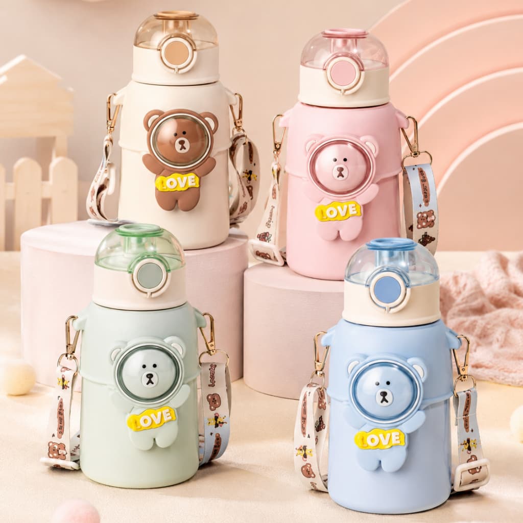 Garrafa Térmica Infantil 500ml Inox 316 Teddy Bear Sète Home - Squeeze Escolar Canudo Alça Criança