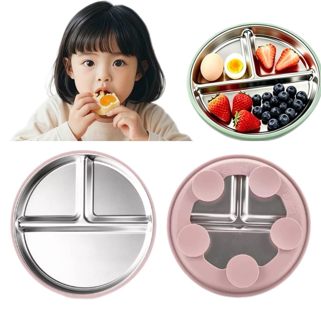 Prato Bebê Infantil Criança 3 Divisórias em Aço Inox e Base de Silicone com Ventosa 20cm Alimentação Bebê