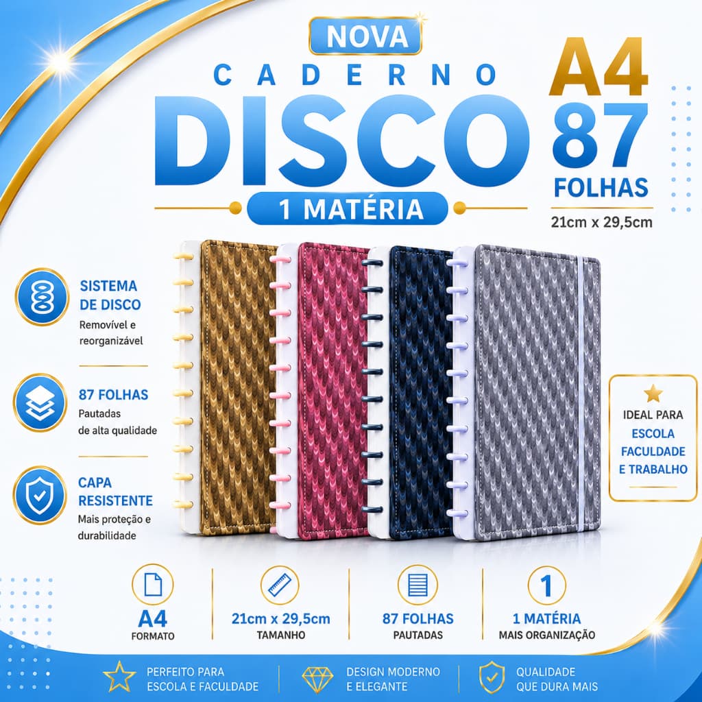 CADERNO DE DISCO 87 FOLHAS INTELIGENTE A4 10 DISCOS METÁLICOS ESCAMA DE PEIXE