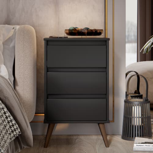 Mesa De Cabeceira Wood Pés Palito 3 Gavetas Retrô Para Quarto Escritório
