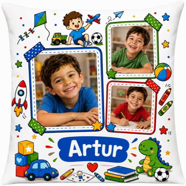Almofada com com 3 fotos da Criança + Frase ou Nome |  Menino ou Menina | Decoração de quarto infantil |