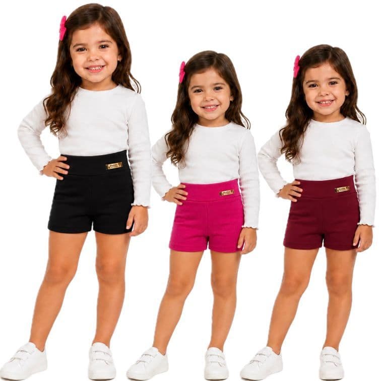 Kit 3 Short Legging Infantil Bermuda Basica Lisa Escolar Menina