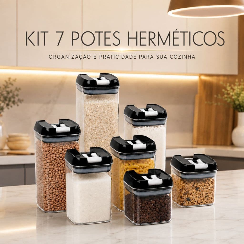 Kit 7 Potes Herméticos Organizador Mantimentos Conservar Alimentos Dona de Casa Cozinha