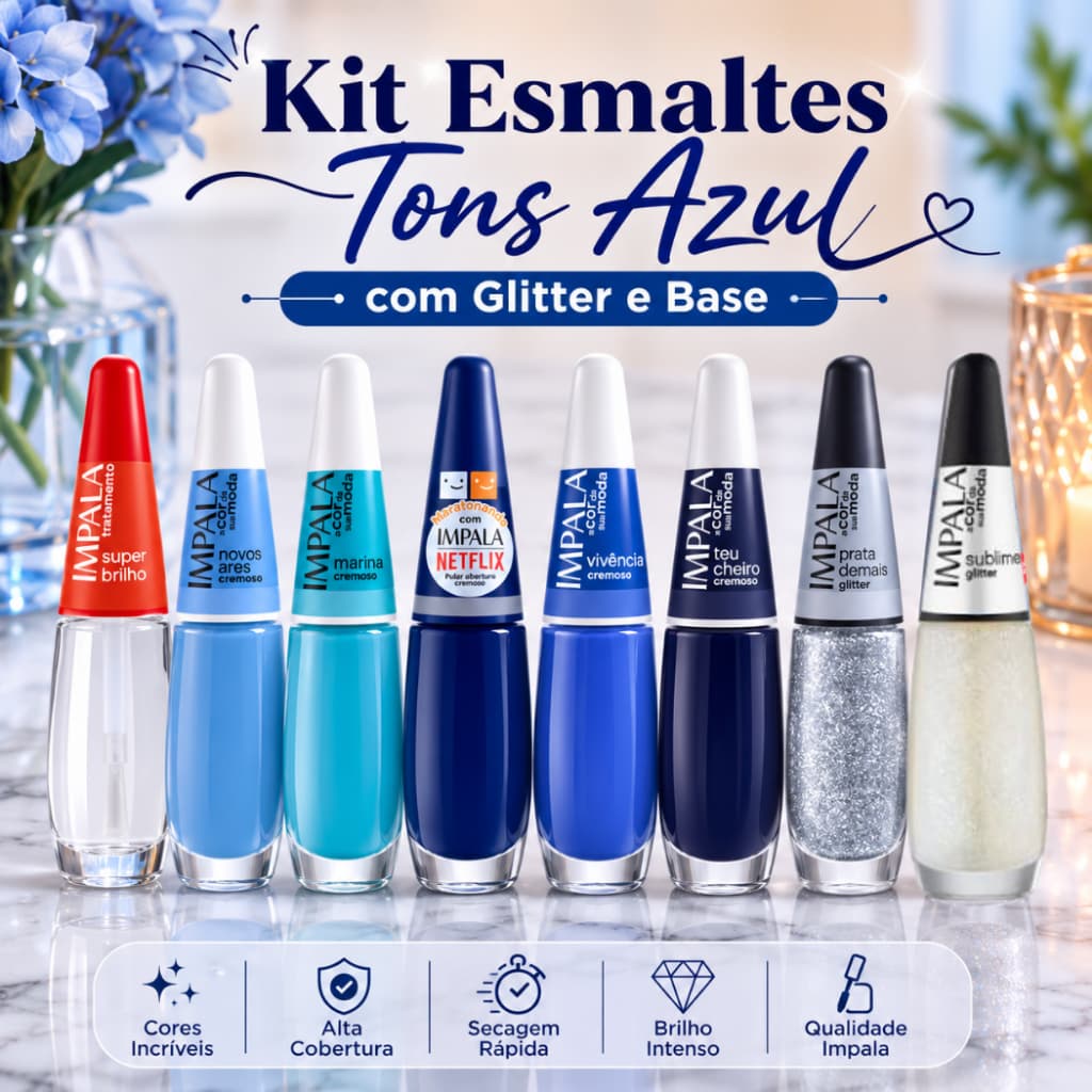 Kit Esmaltes Impala Tons Azul com Base Super Brilho e Glitter 3D Manicure Atacado