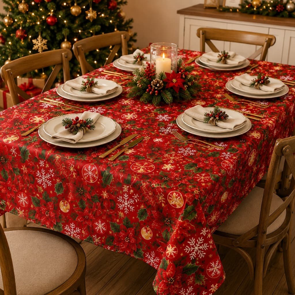 Toalha de Mesa Natalina Oxford 4 6 8 Lugares Estampada Retangular com Bainha Natal
