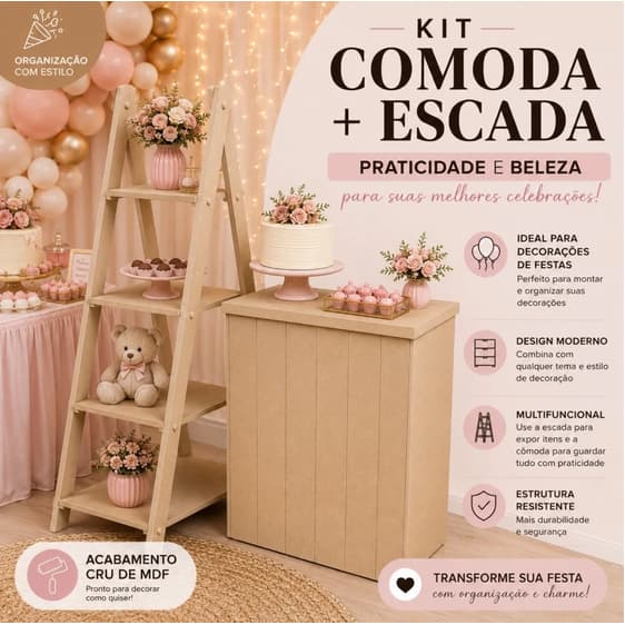 Cômoda Fake com Escadinha Expositora MDF Kit Decoração Festa Mesa de Doces