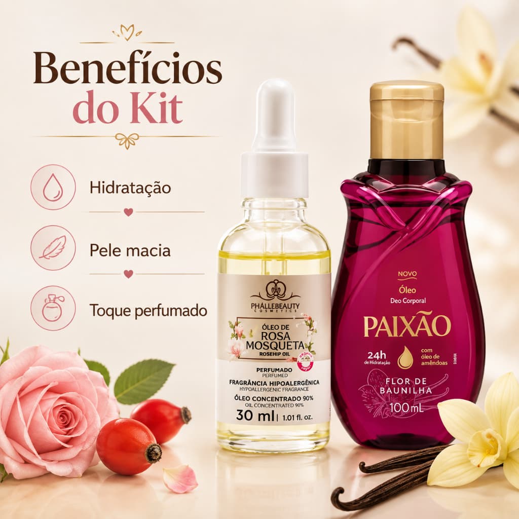Kit Óleo de Rosa Mosqueta 30ml + Óleo Corporal Paixão Flor de Baunilha 100ml