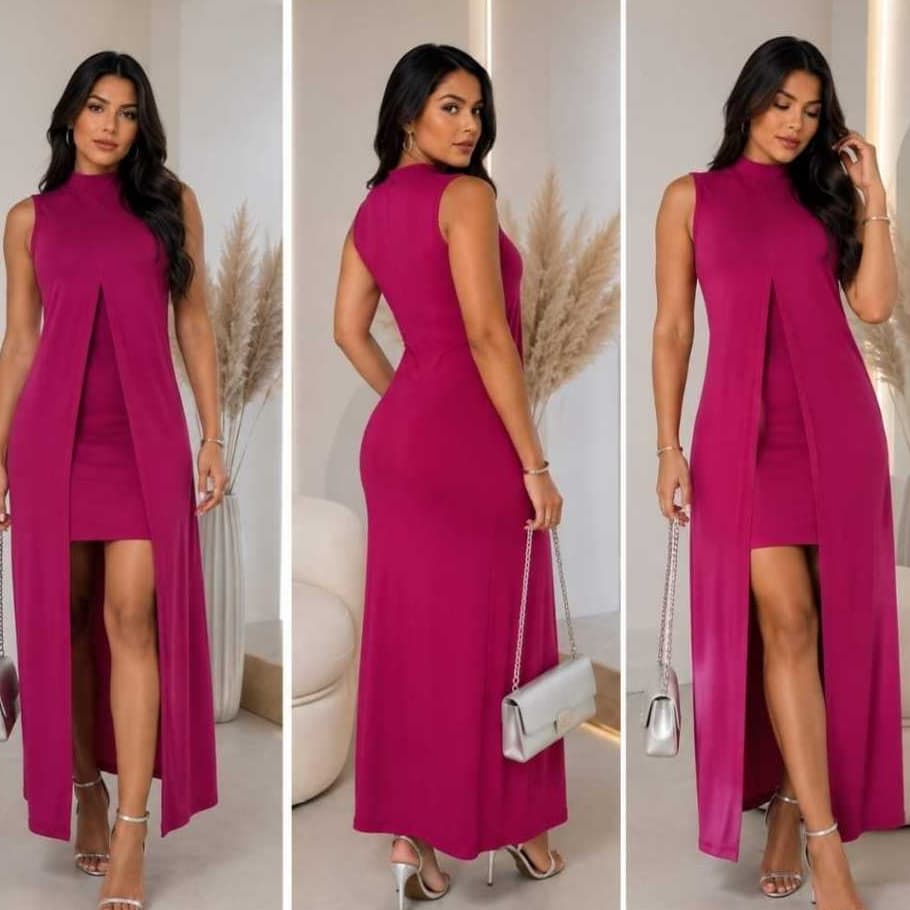 Vestido Midi feminino Tubinho Regata Justo Com Capa Longa 2 Peças Viscolycra