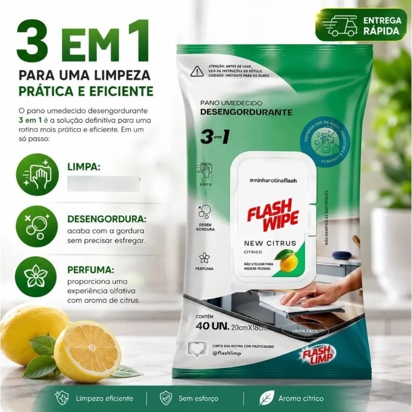 Pano Umedecido Desengordurante Flash Wipe 3 em 1 Flash Limp 40 Panos