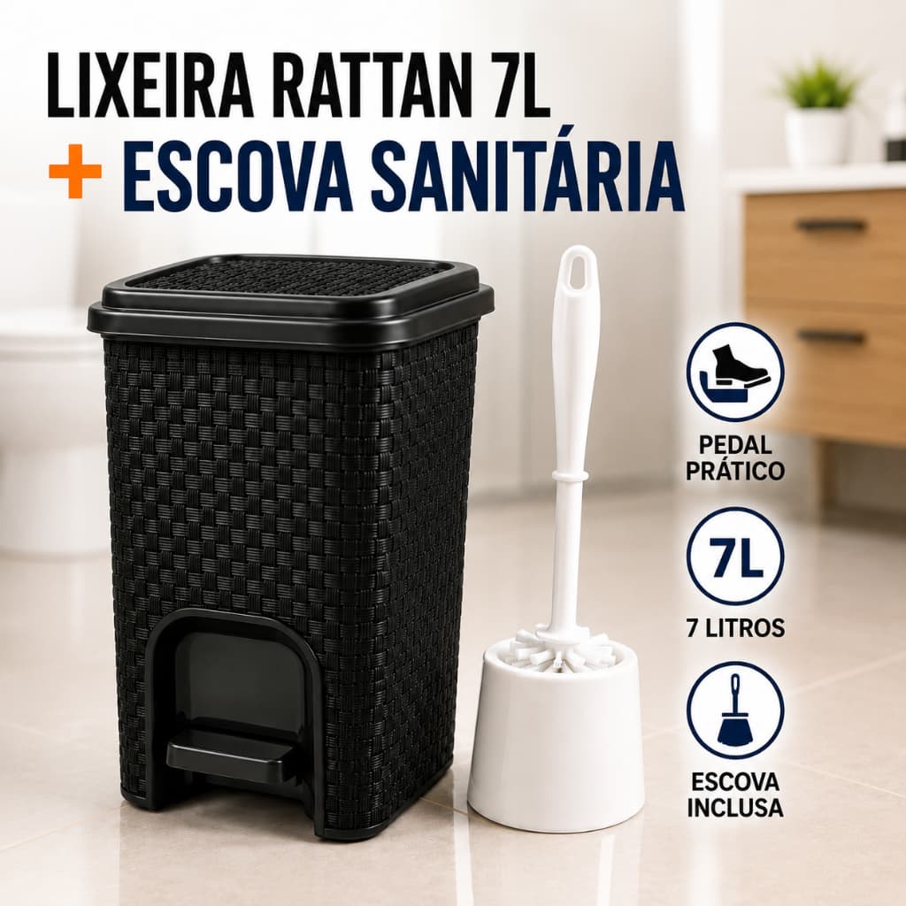 Lixeira Banheiro 7L Rattan com Pedal + Escova Sanitária Conjunto para Banheiro Resistente e Prático