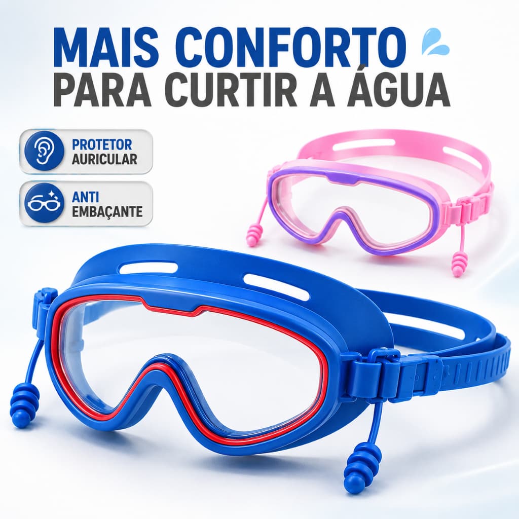 Óculos Natação Infantil Protetor Auricular Silicone Piscina Mar