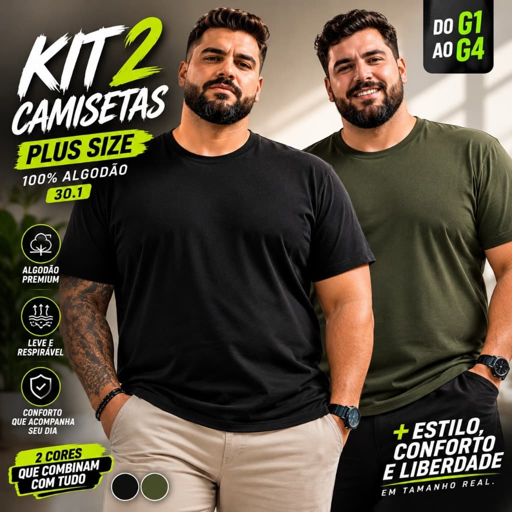 Kit 2 Camisetas Masculinas Plus Size 100% Algodão 30.1 Básica Manga Curta G1 ao G4