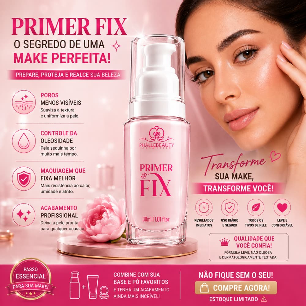 Primer Fix Facial Phállebeauty 30ml – Pré-Maquiagem, Textura Leve e Acabamento Natural