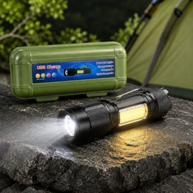 Lanterna Tática Recarregável USB com Luz Frontal XPE e Luz Lateral COB + Estojo