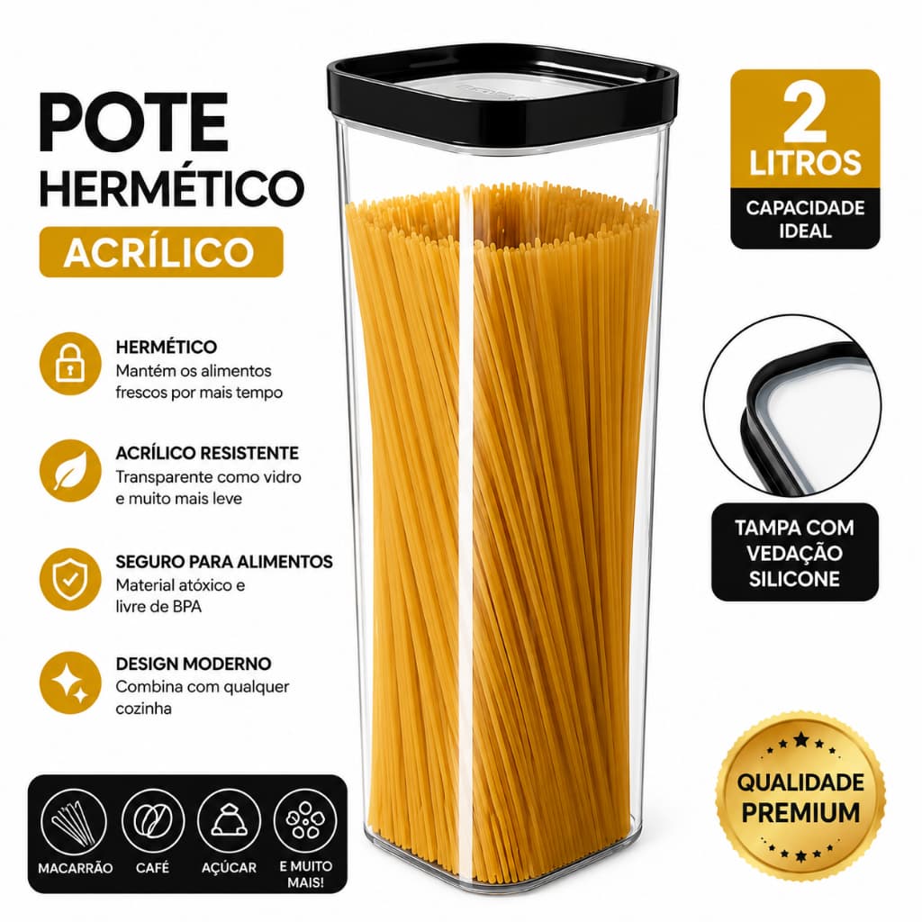 Pote Hermético 2 Litros Acrílico Para Macarrão Espaguete Alimentos Cozinha Organizada Mais Espaço e Elegante