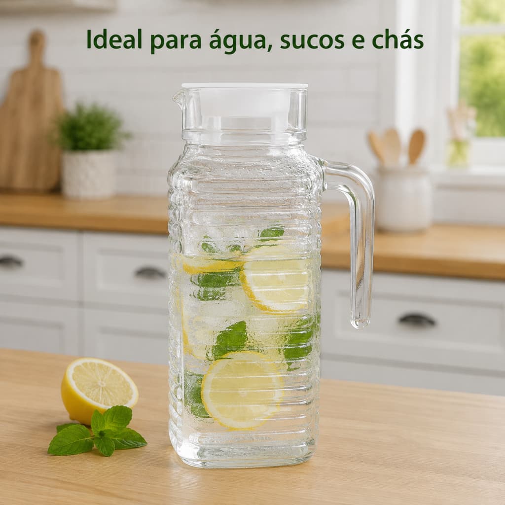 Jarra de Vidro 1L Fenima Diamante com Tampa e Alça - Para Suco, Água, Chá e Mesa Posta