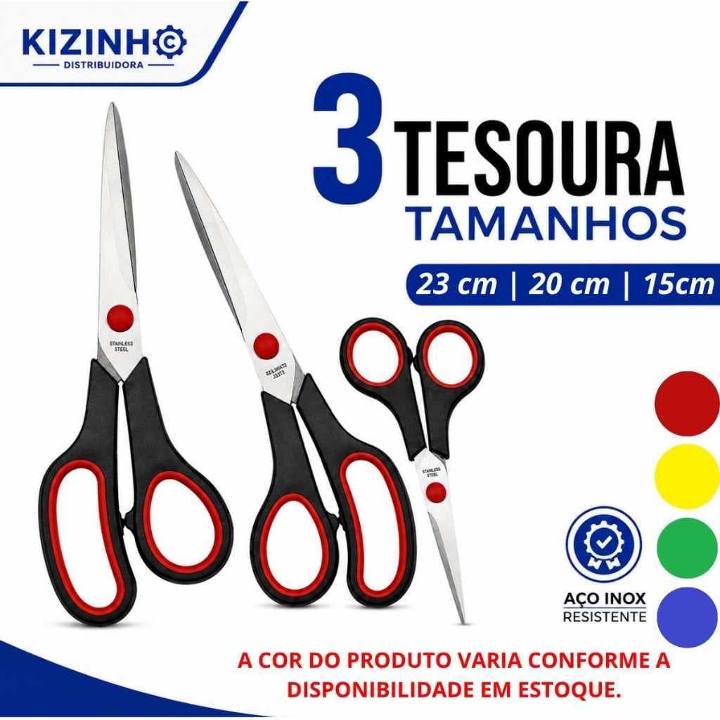Kit 3 Tesouras 23cm 20cm 15cm para papel, tecidos, papelão, plásticos e trabalho de artesanato
