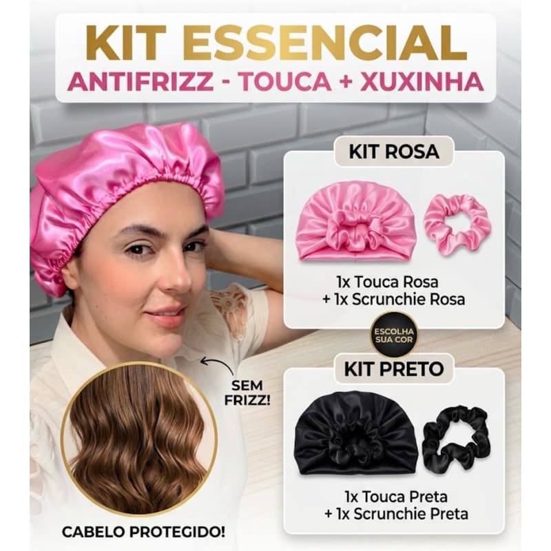 Kit 1 Touca de Cetim + 1 Xuxinha Scrunchie Rosa e Preta Antifrizz Cabelo