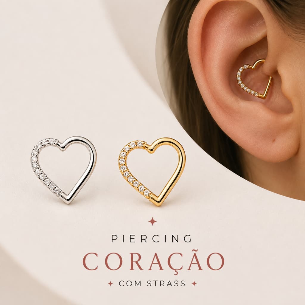 Piercing Coração com Strass para Orelha Prata ou Dourado