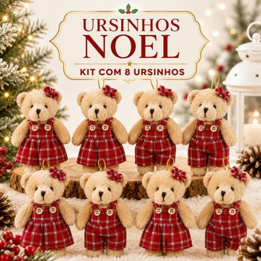 Kit c/ 8 Ursinhos de Natal Roupinha Xadrez 12cm Casal Pelúcia Enfeite Árvore Decoração Natalina