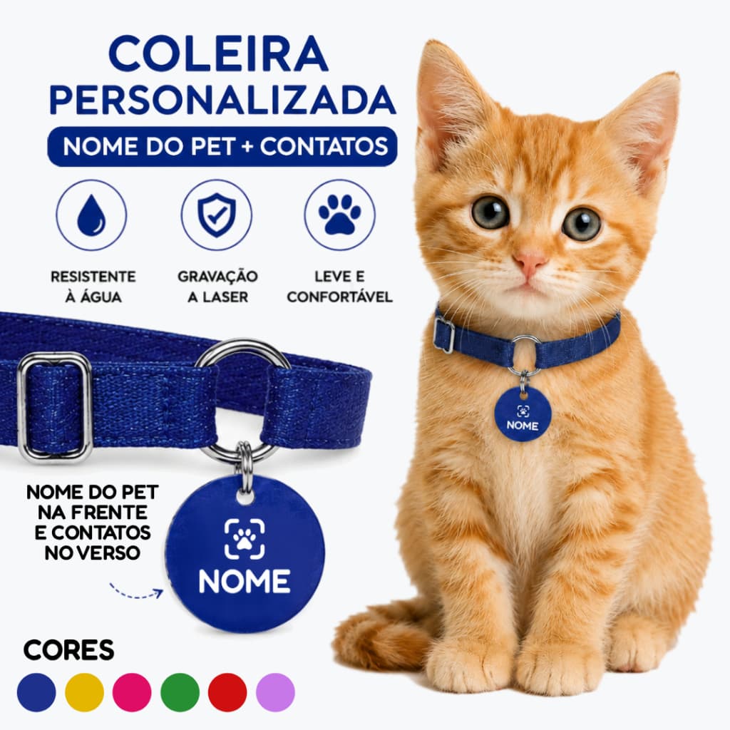 Coleira Elástica Tag de Identificação Personalizada Nome e Contatos do Tutor Gato e Cachorro