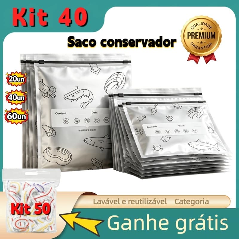 Kit 20+50brindes GRÁTIS Sacos plásticos com zíper e folha de alumínio para congelador, para conservar a frescura