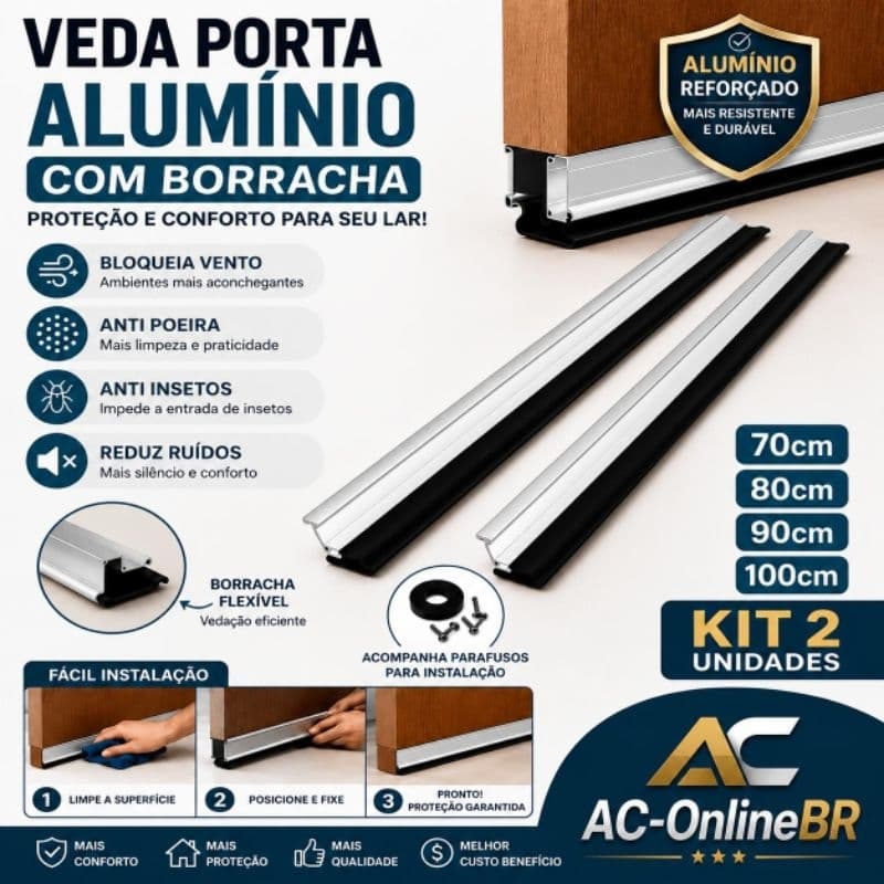 Kit 2 Veda Porta Alumínio 70/80/90/100cm - Rodo Vedador Porta Corta Vento Anti Poeira