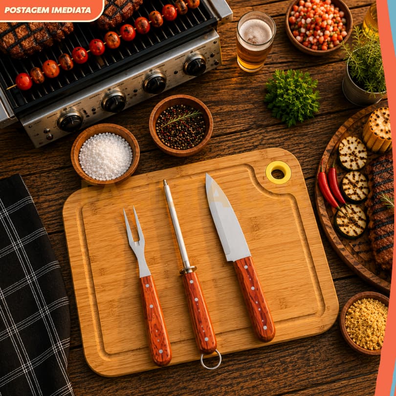 Jogo de Churrasco  Kit Peças Faca Inox Garfo Trinchante Chaira Amolador Cabo Tábua Madeira Profissional