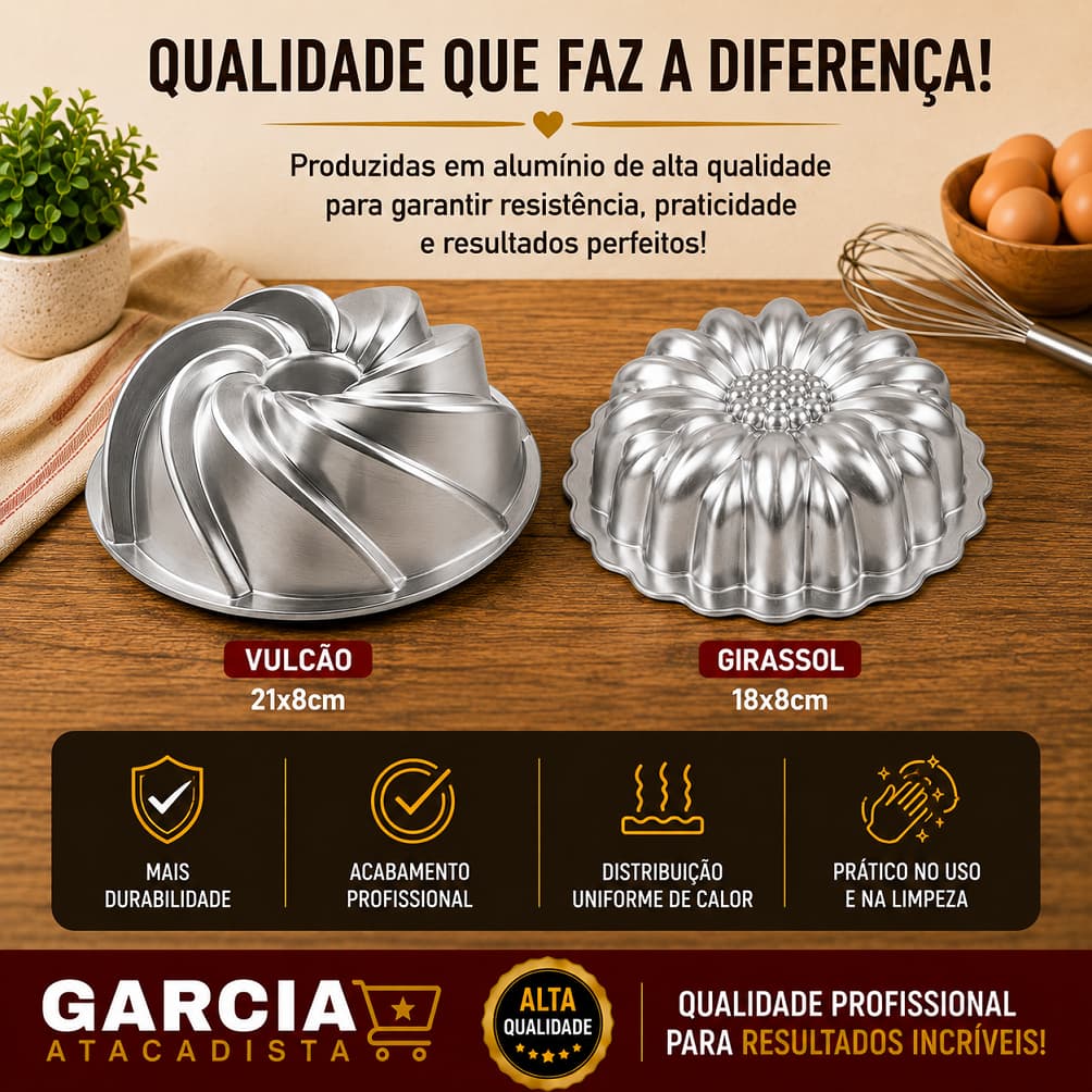 Kit 2 Formas para Bolo Decorado Vulcão e Girassol em Alumínio | Assadeiras Diferenciadas para Confeitaria