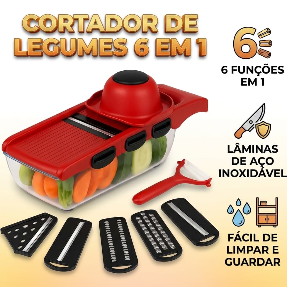 Cortador Fatiador 6 EM 1 de Legumes Mandoline Aço Inox Multifuncional Cubos Fatias Cozinha