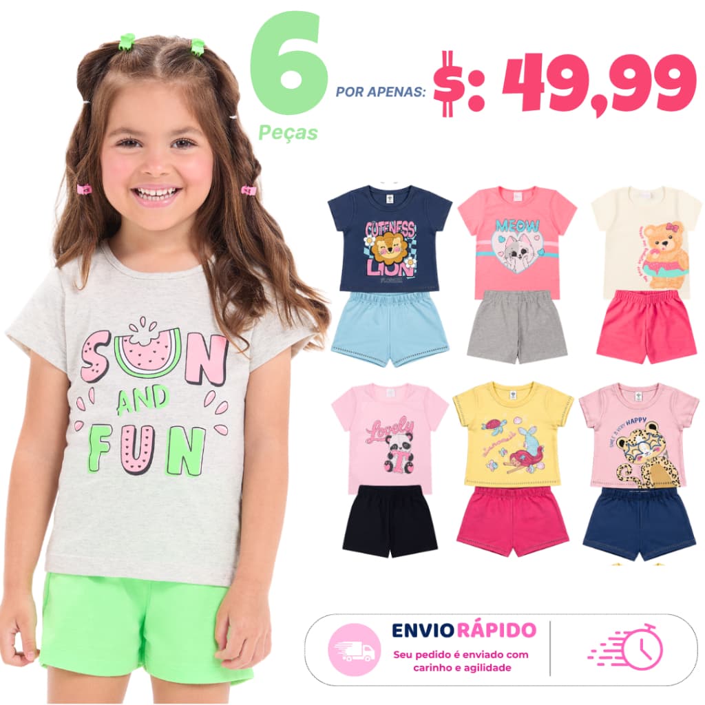 Kit 6 Peças de Roupa Infantil Menina Premium Verão 2 ao 8 anos