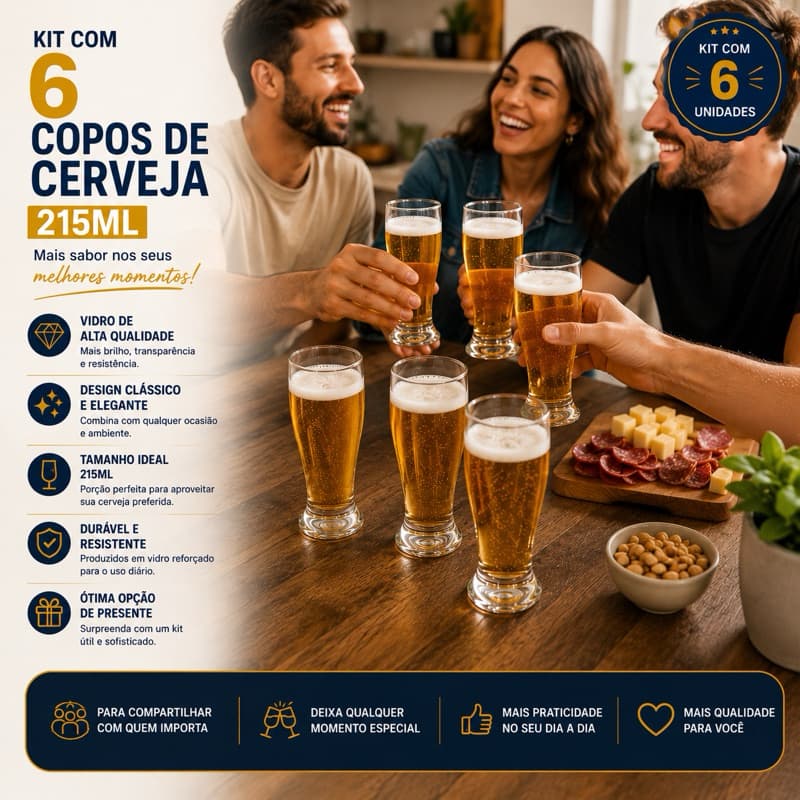 KIT 6 COPOS DE VIDRO 215ML – JOGO PARA BEBIDAS, SUCOS E DRINKS – CONJUNTO DE COPOS PARA MESA