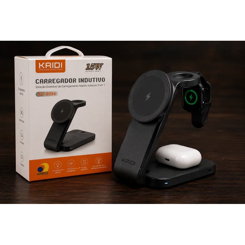 Carregador Indutivo 3 em 1 Kaidi KD-9094 15W Celular Smartwatch Fone TWS