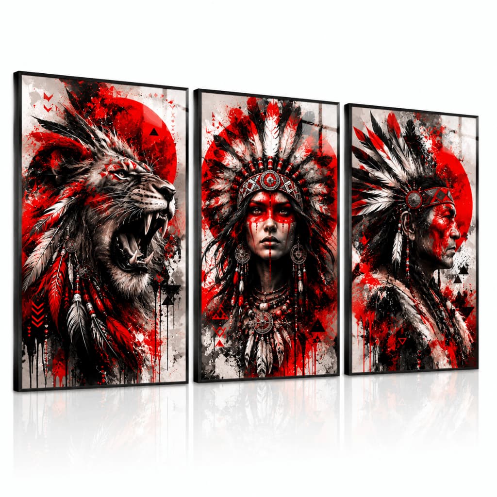 Kit 3 Quadros Decorativos Indígenas Cacique Índia Onça Arte Tribal Vermelho Preto